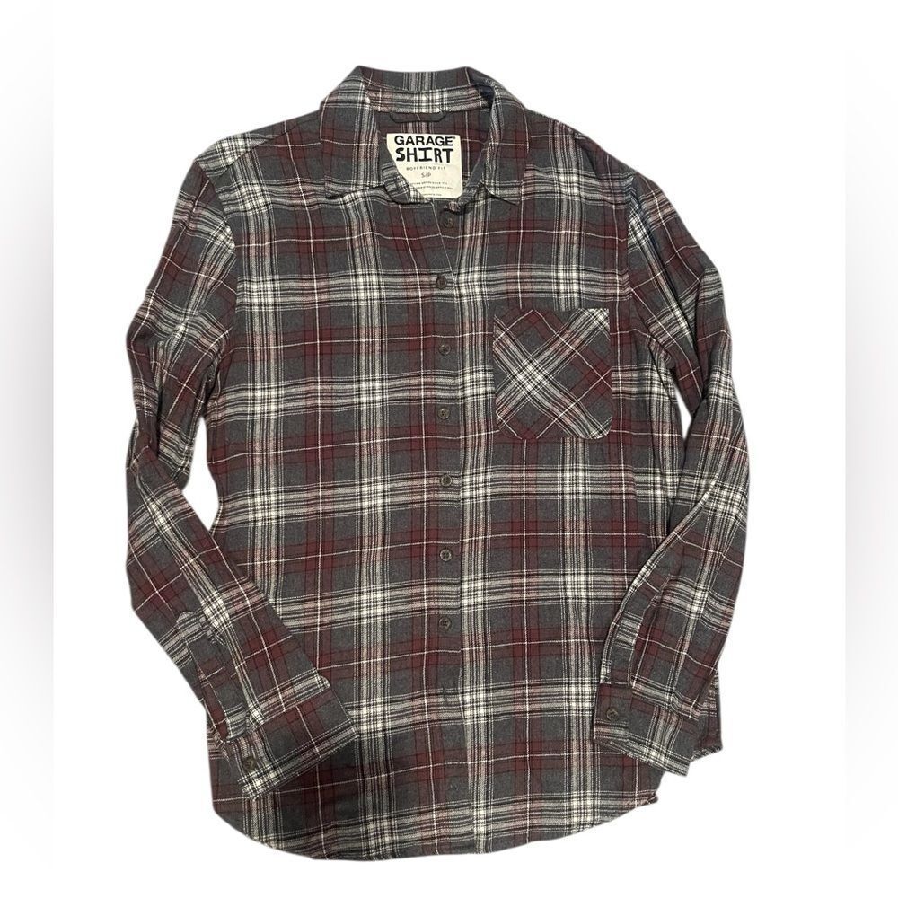 Garage Burgundy Charcoal Plaid Boyfriend Flannel Shirt S